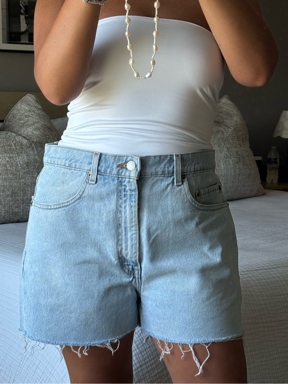Levi's Light Blue High-Rise Frayed Hem Denim Shorts